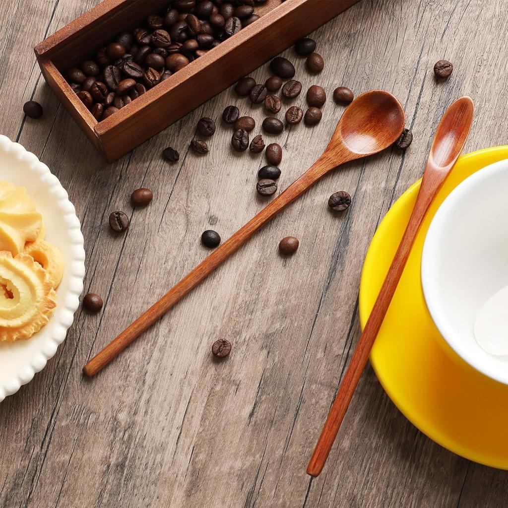 4 Pcs Small Wooden Spoon, Wooden Coffee Spoon, Long Handle Wooden Ice Tea Spoon, Handmade Wooden Mixing Honey Spoon for Team Jam Dessert Honey