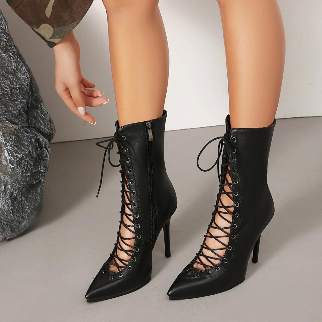 Lace-Up Spring And Autumn Women'S Boots Short Single Boots Pointed Knight Boots Sexy High Heel Boots Street Dance Boots Boots