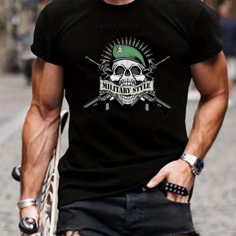 Προς Βαλχάλλα 100% Βαμβακερά Μπλουζάκια Κοντομάνικο Μπλουζάκι με Στρογγυλή Λαιμόκοψη Αμερικανός Μουσάτος Πολεμιστής Τακτική Νεκροκεφαλή Unisex Casual Ανδρικό T-Shirt