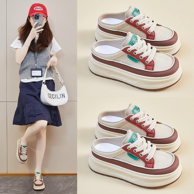 Summer Half-support White Shoes New Style for Female Students Thick Sole Heightened Mesh Breathable and Casual