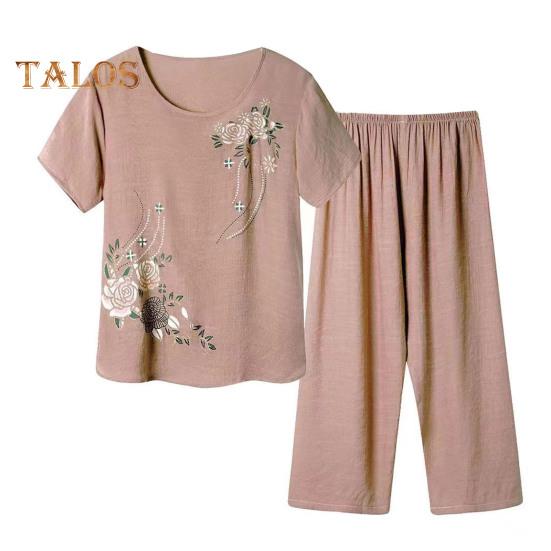 2 Pcs/Set Women T-shirt Pants Set Homewear Outfit Solid Color Floral Print Round Neck Short Sleeve Top Wide Leg Elastic Waist Loose Pants Pajamas
