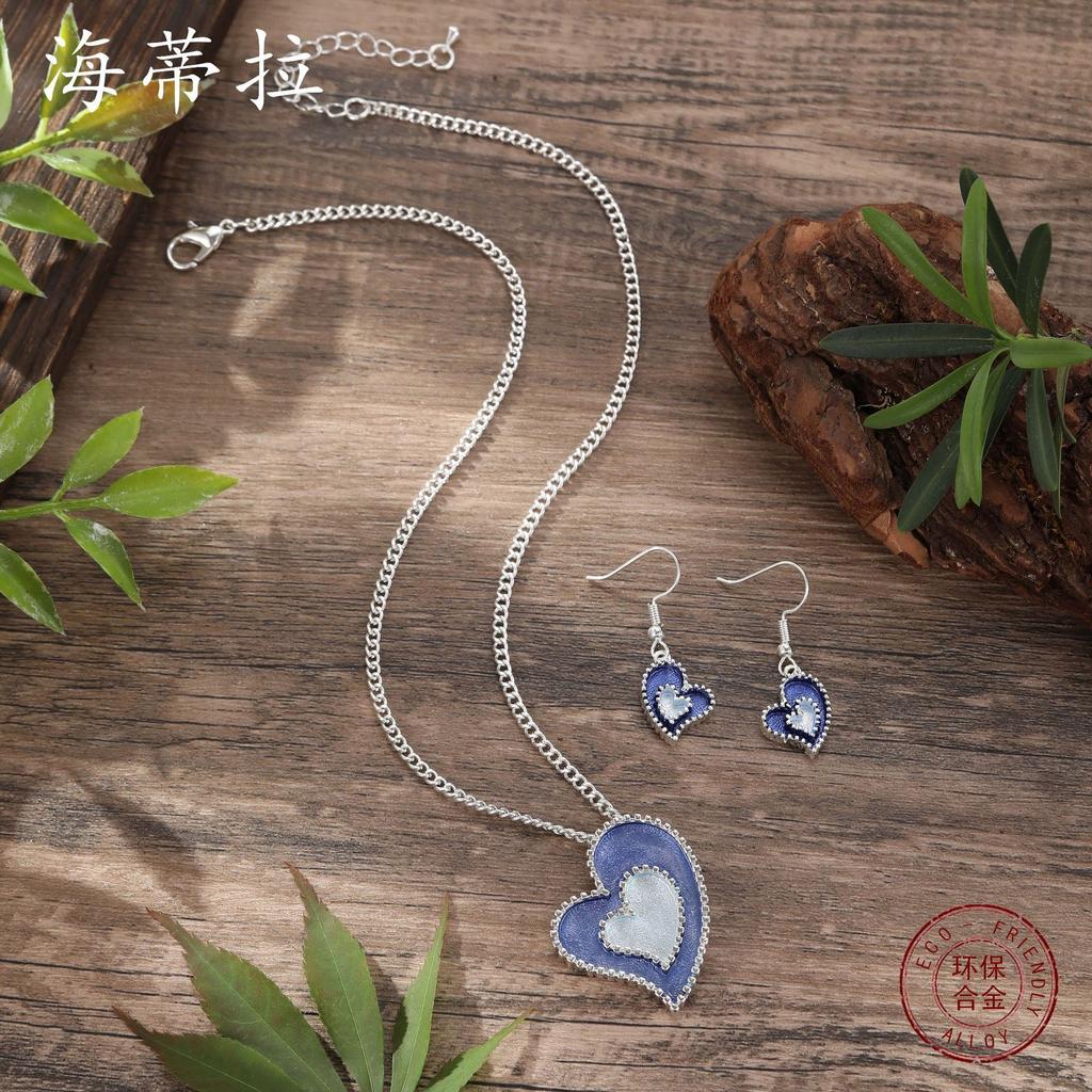 Luxury new color painting oil love earrings pendant set, imitation diamond heart-to-heart earrings necklace set