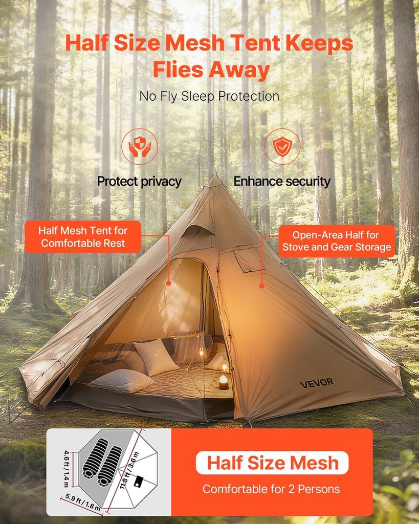 Hot Tent for 4 Persons, Camping Tipi Hot Tents with Stove Jack & Inner Tent, Portable Winter Camping Tents with Snow Skirt, Easy Setup, Waterproof 4