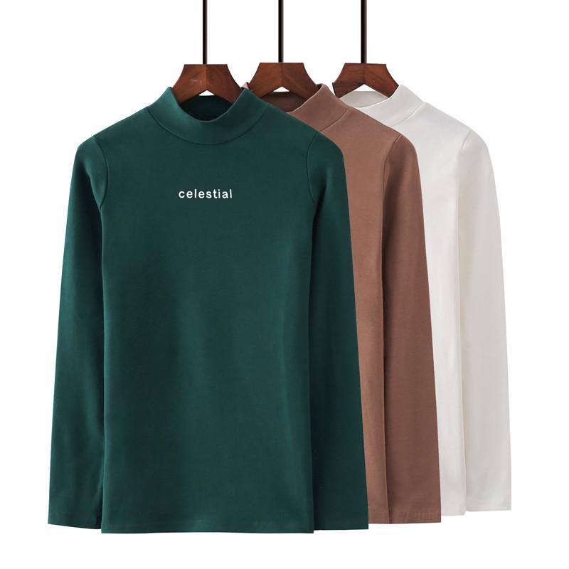 Women's Long-Sleeve Slim Fit Korean Style T-Shirts for Autumn/Winter with Half-High Collar