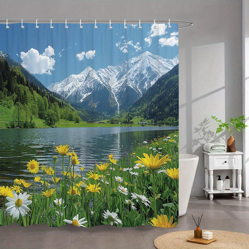 

1Pc Alpine Lake Bath Curtain - Snowy Mountains, Wildflower Meadow & Yellow Daisies Design, Crystal Clear Water Reflection W60H190(CM)-1 Pcs