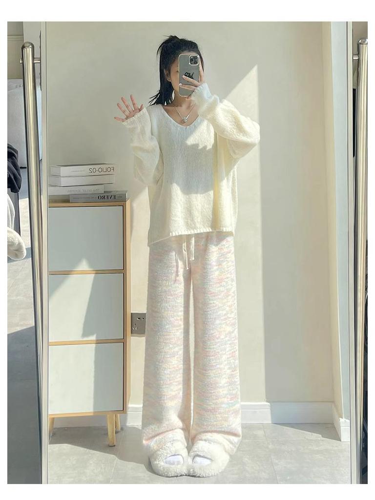 145 Plus Velvet Rainbow Glutinous Rice Sweatpants - XS Women’s High Waist Wide-Leg Pants for Autumn/Winter