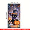 2D Flat Halloween Door Black Cat Witch Hat with Purple Necklace Pumpkin Ghost Starry Sky Pattern Durable Polyester Hanging Decor