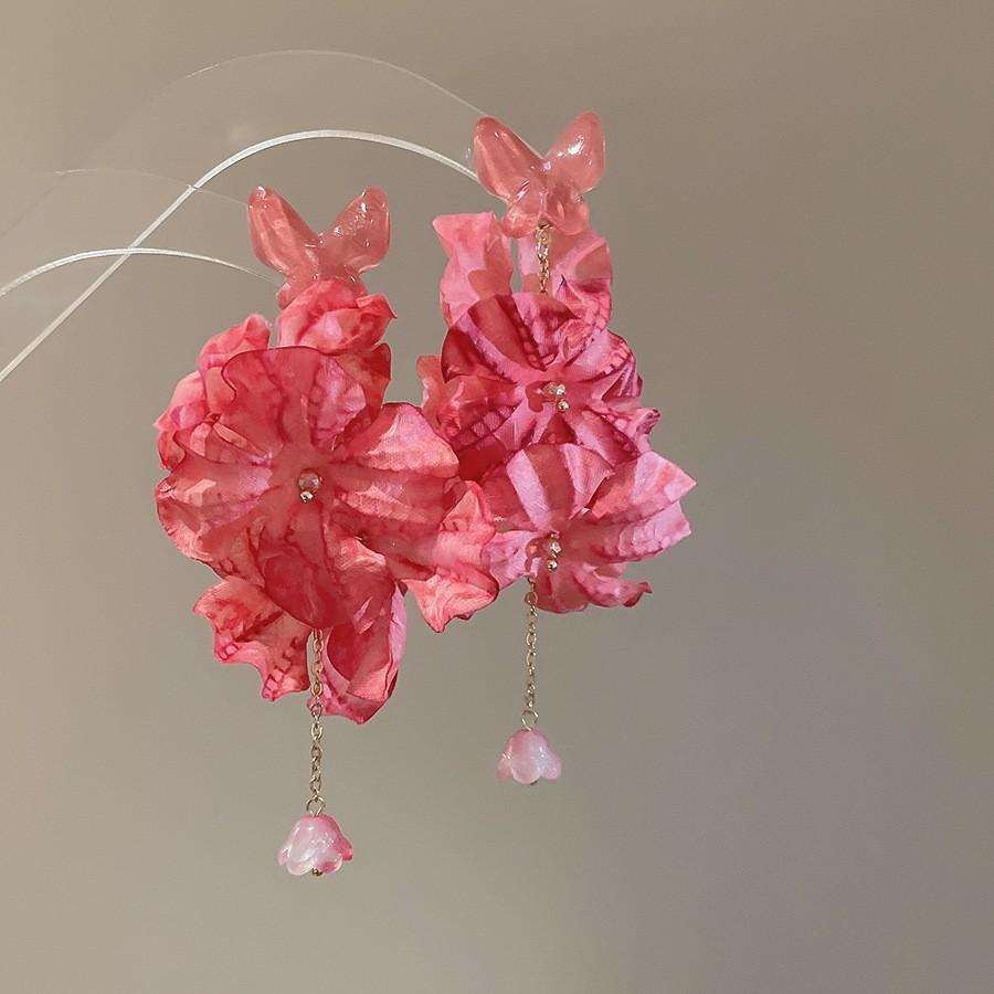 Silver Needle Pink Flower Fringed Vacation Style Earrings Summer Sweet Delicate Stud Earrings Small Fresh Design Earrings Women