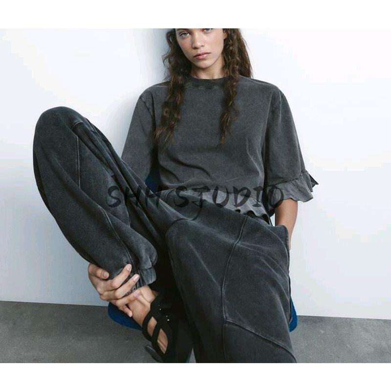 Spring and Summer New Arrival Women's Clothing round Neck Shirt with Half Sleeve Cotton Loose Laminated Decoration Patchwork T-shirt 0085301