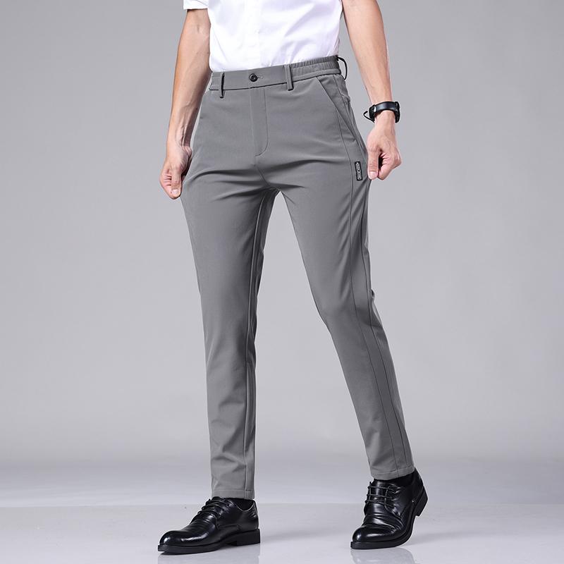 Ultra-thin Elastic Men's Casual Trousers Summer Quick-drying Ice Silk Slim Straight Business Solid Color Trousers Black Gray