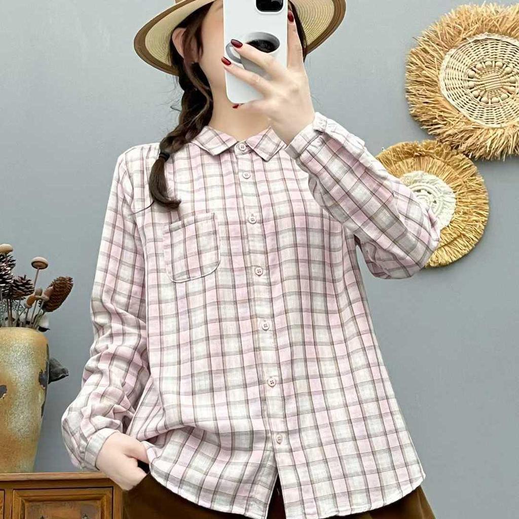 2026 Spring Women's Casual Plaid Long Sleeve Lapel Shirt - Versatile, Age-Reducing, and Relaxed Style