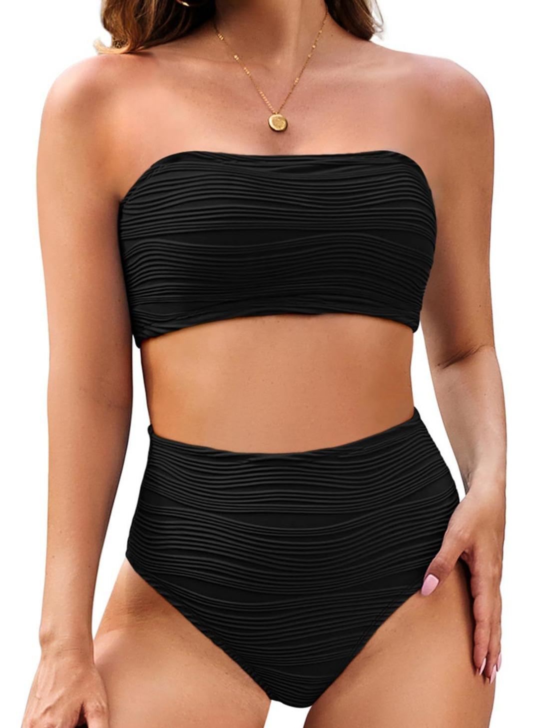 

Европейский и американский волновой узор, купальник бикини с бретельками-спагетти, открытой спиной, высокой талией и разрезом 2XL чёрный