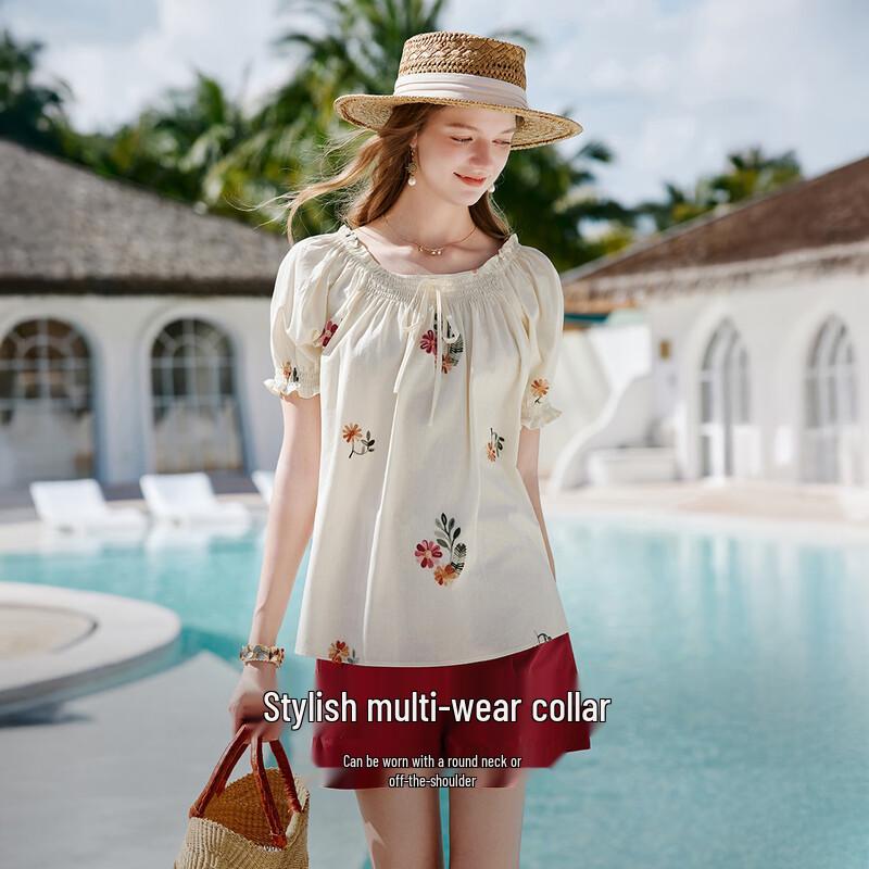 Women's Resort Style Cotton Puff Sleeve Top
