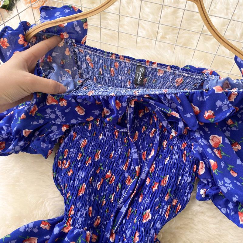 Vintage French Fairy Floral High-Waist Slimming Long Dress with Pleated Drawstring Waist and Big Swing