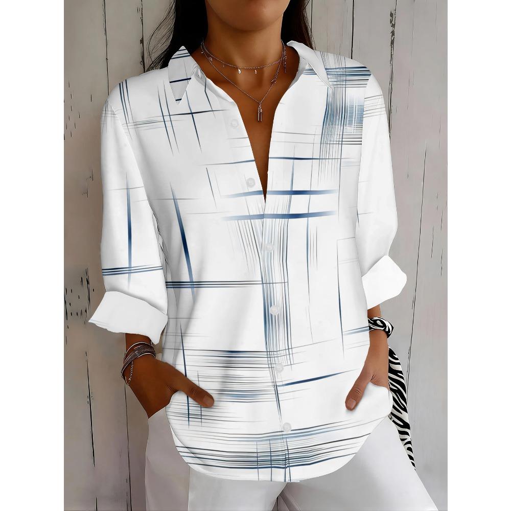 The new women's long-sleeve shirt features a white background with an abstract pattern of interlaced blue-gray lines, machine washable