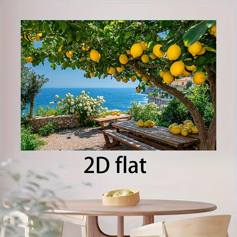 Helles Mittelmeer-Zitronenbaum-Wandteppich, Sonnenterrasse mit Blick auf das Blaue Meer und einem fruchttragenden Zitronenbaum, Frische Sommer-Wandkunst