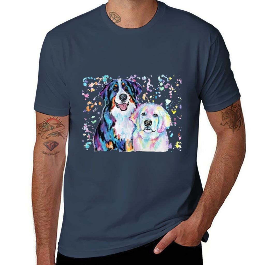 Watercolour Bernese and Pyrenees T-Shirt Man T Shirt Cotton Man T Shirts for Men T-Shirt
