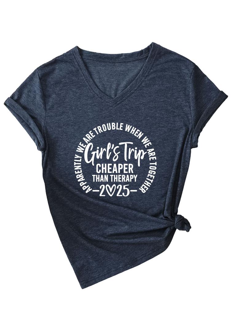 Inspirational Text Printed Top Loose Casual Simple V-neck Short Sleeved Women's T-shirts