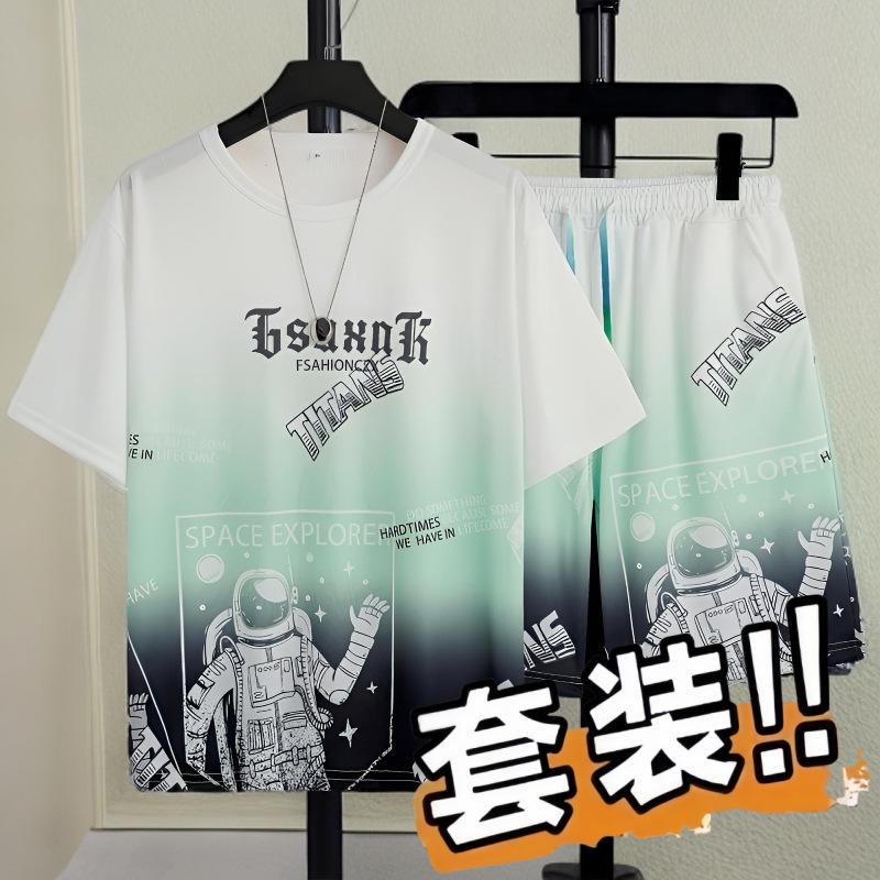 Men's Gradient Ice Silk Two-Piece Set: Short Sleeve & Shorts Summer Sportswear.