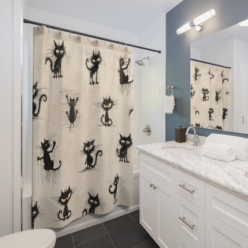 Funny Long Cat Shower Curtain - Aesthetic Bathroom Decor, Cute & Funky Design for Cat Lovers, Retro Style