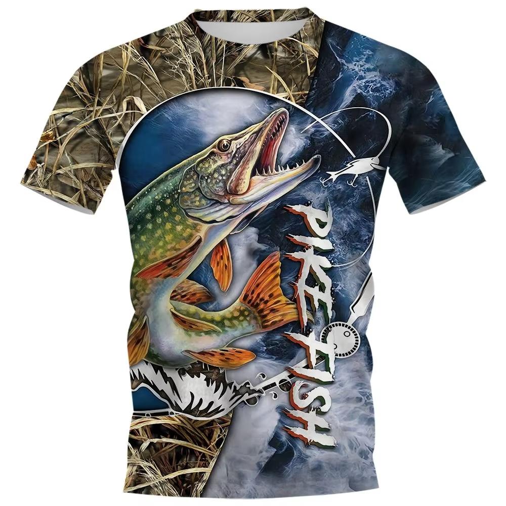 New Fishing Clothing Men's T-Shirt Dog Fish Graphic T-Shirt Crew Neck Loose Tops Outdoor Sunscreen Summer for Male Fishing Shirt
