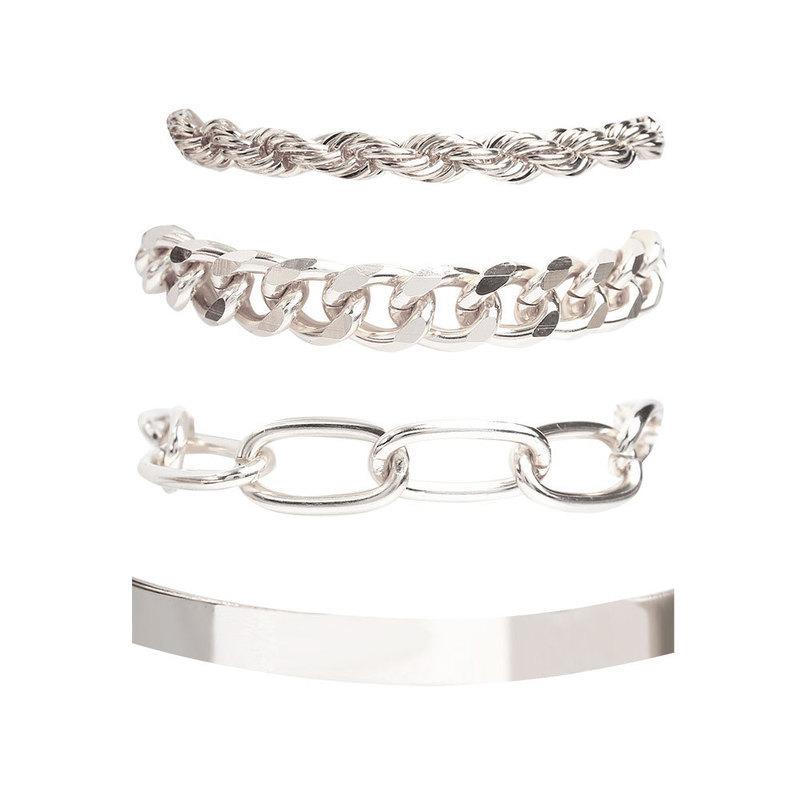 European & American Jewelry Alloy 4-Piece Set: Hip-Hop Cuban Bracelet & Punk Metal Twisted Rope Chain Cuff