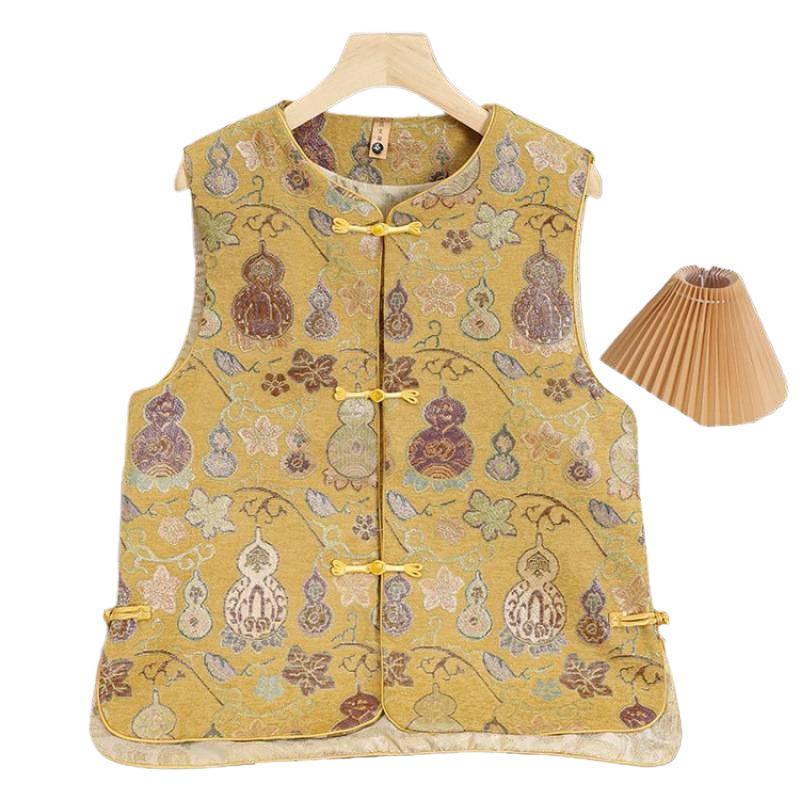 Dames Retro Chinese Kalebas Jacquard Vest, Lente/Herfst Ronde Hals met Kikkerknopen