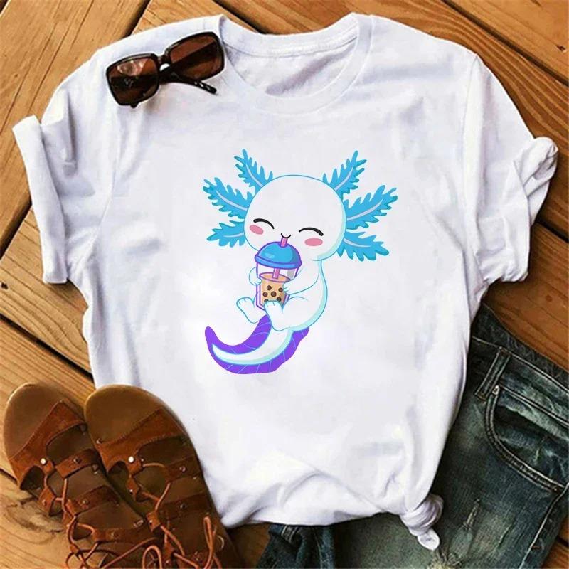 Funny Axolotl T Shirt Women Relaxolotl Kawaii Short Sleeve T-shirt Women's Clothing Summer Tops Y2k Casual Cartoon Graphic Tee