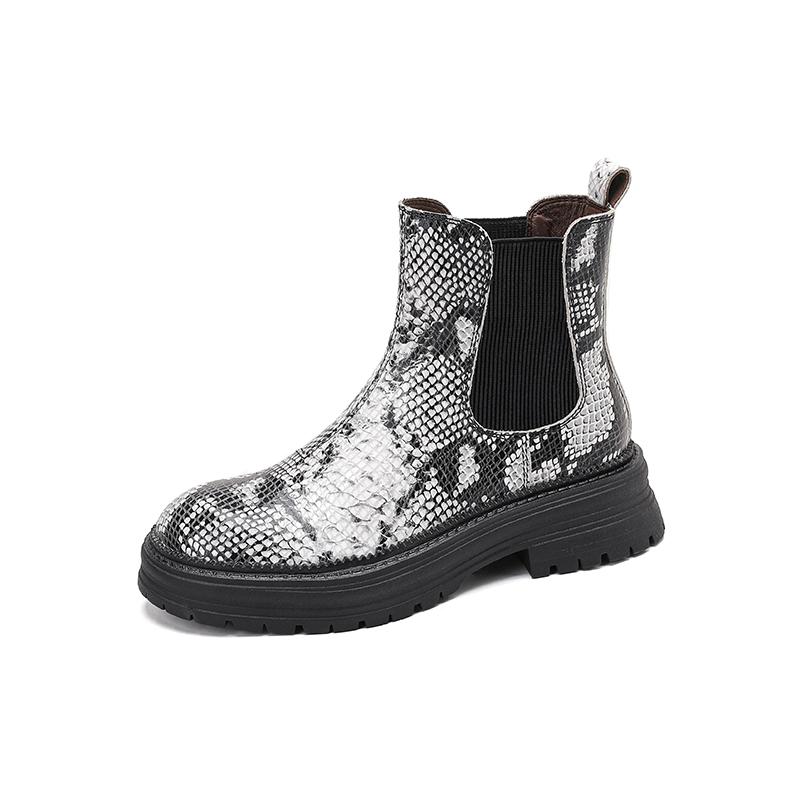 

Fashion 2025 New Women Shoes Genuine Leather Mid Block Heels Chelsea Boots Autumn Winter Black Brown Snake Round Toe Slip-On Ankle Boots 34