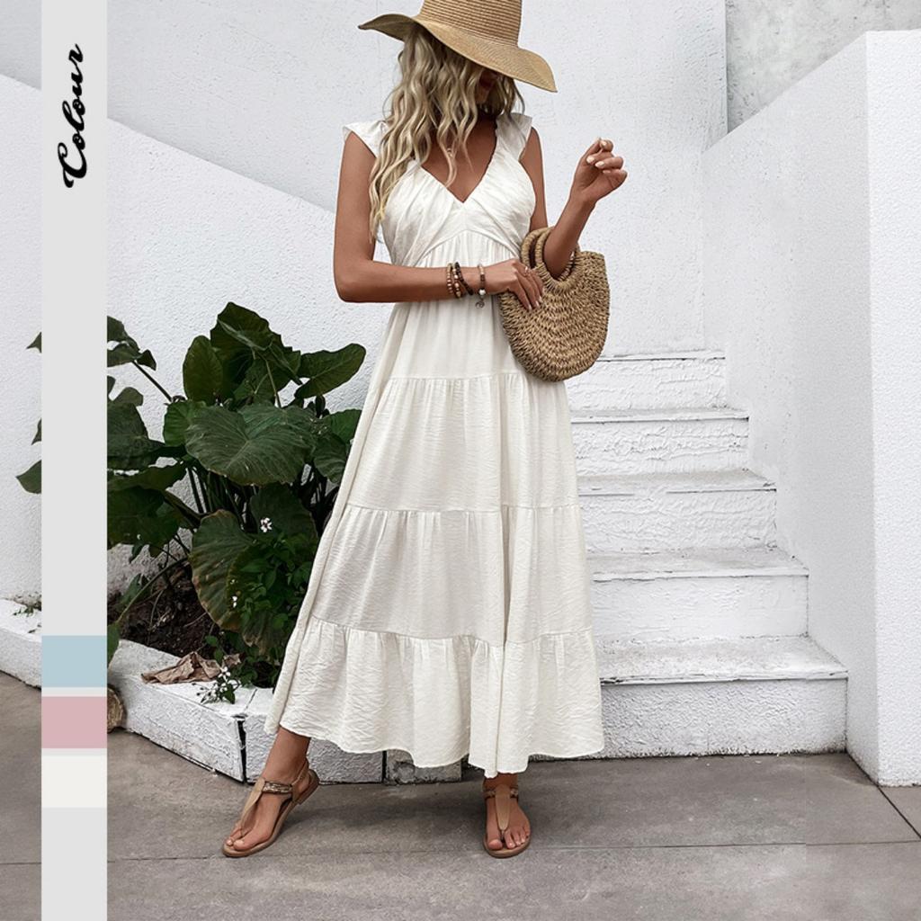 New Arrival Women's White Sleeveless V Neck Minimalist Dress Casual Beach Holiday Vacation Sundress Crossbody Apparel