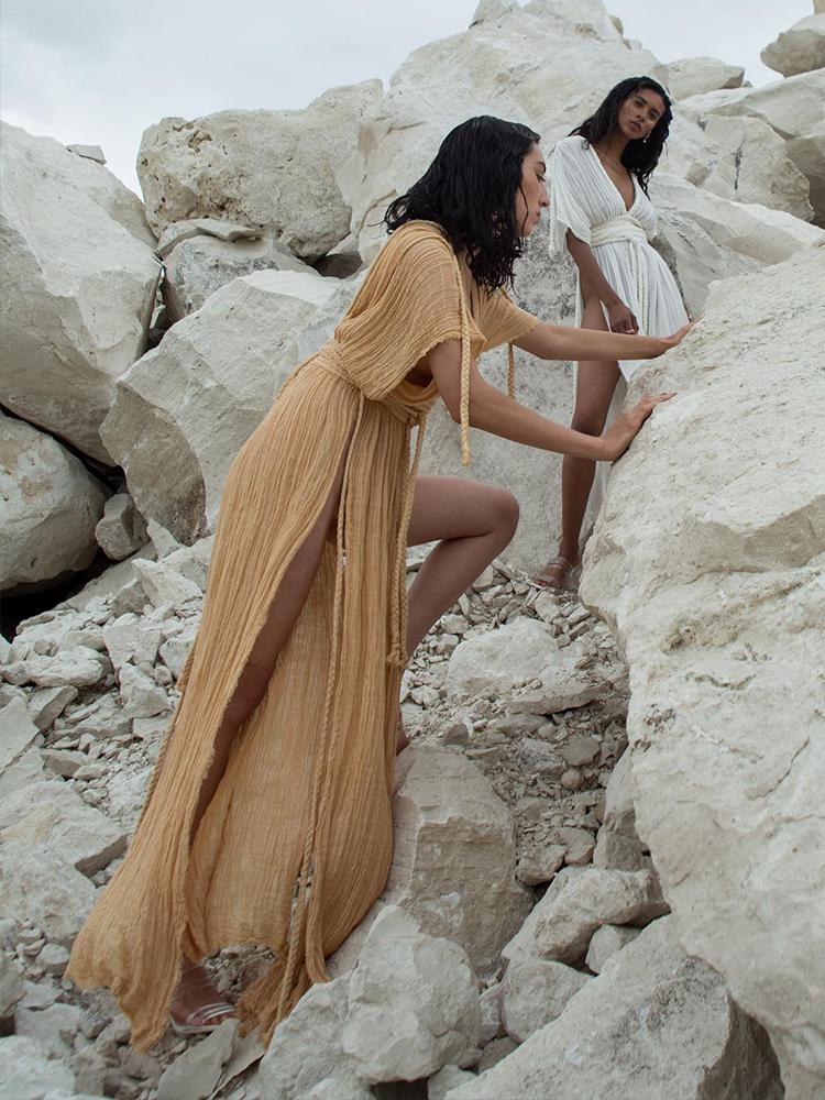 EDOLYNSA Femmes élégantes Célébrité Tempérament Sexy V Profond Tricot Corde Tressée Fête D'été Maxi Robe Tunique Beachwear Maillot De Bain Cover Up A2848