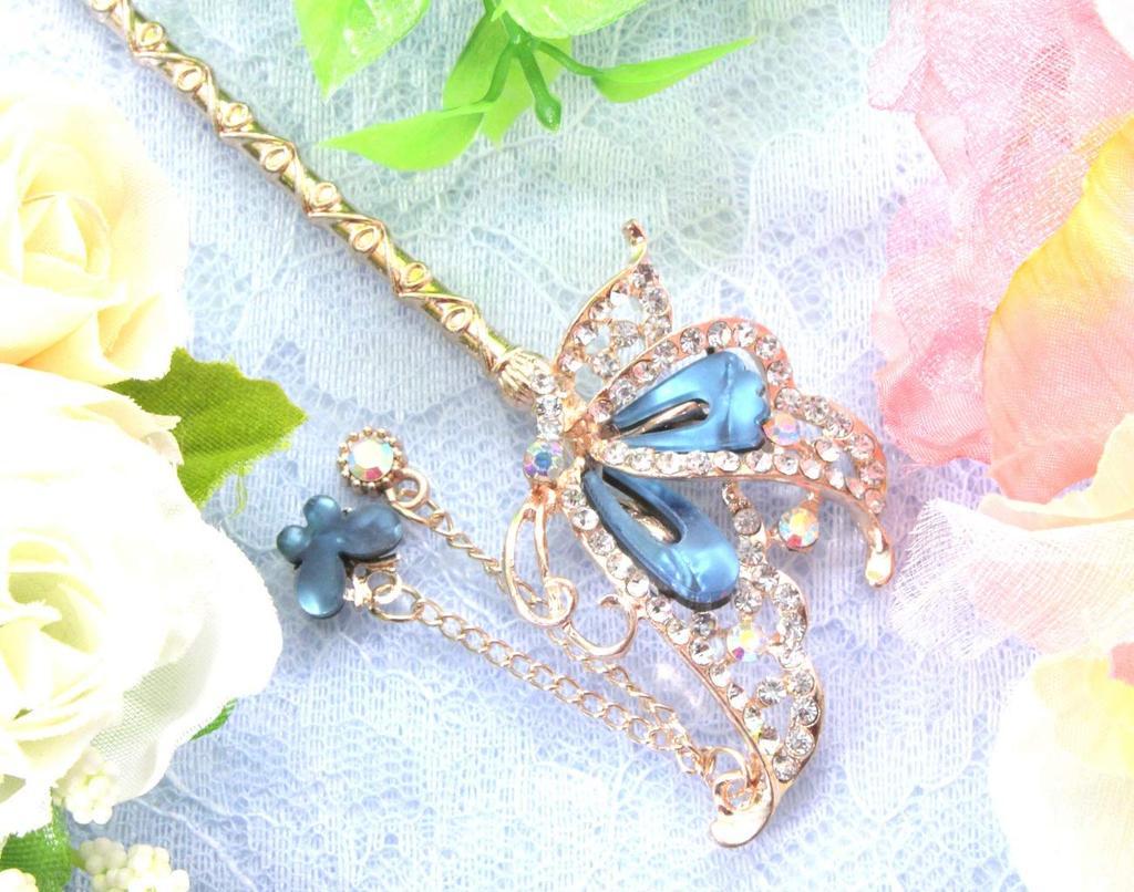 Miaomyoa Single Hair Ornament for Kimono and Traditional Japanese Antique Exotic Flower Pink Gold Hairpin, Clothing, Metal, Motif, Butterfly, (Blue)