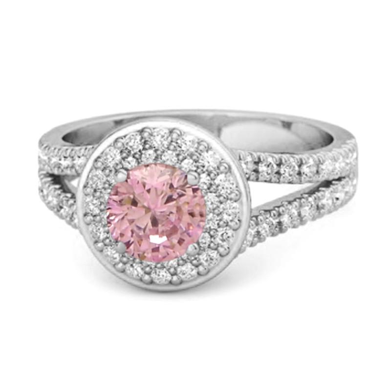 Pink CZ Double Halo Accents Women Wedding Ring - 925 Sterling Silver 7 белого золота