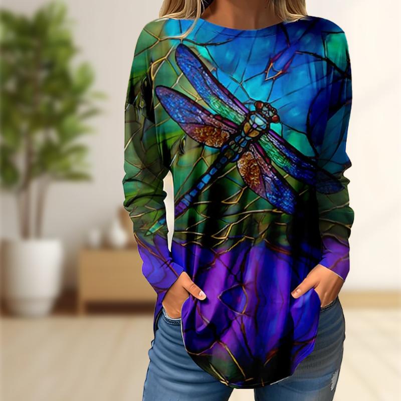 Oberteile für Damen, Schneeeulen-Print, Rundhalsausschnitt, Langarm-T-Shirt, Herbst, lässiger, schlanker Pullover, Langarm-Oberteil für Damen