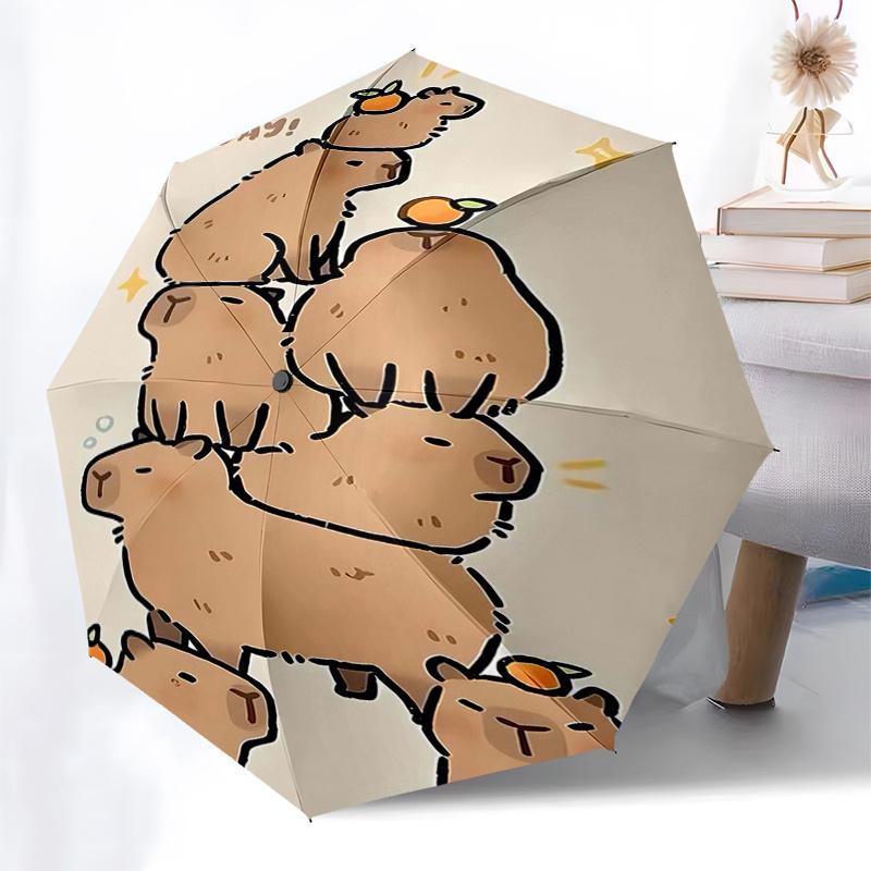 Reseparaply med kapybara-tema - 8 revben, automatisk öppning och stängning, bärbar hopfällbar design, kompakt och snyggt paraply lämpligt för utomhusbruk