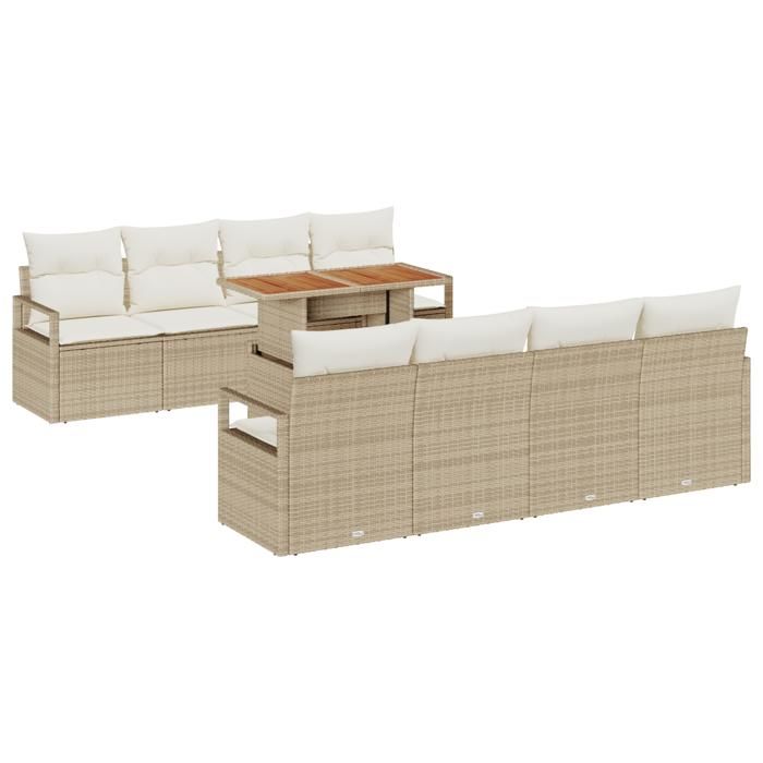 Ensemble de canapés de jardin de 9 pièces avec coussins en rotin poly beige, Canapé de jardin de 2 places avec coussins 3349686