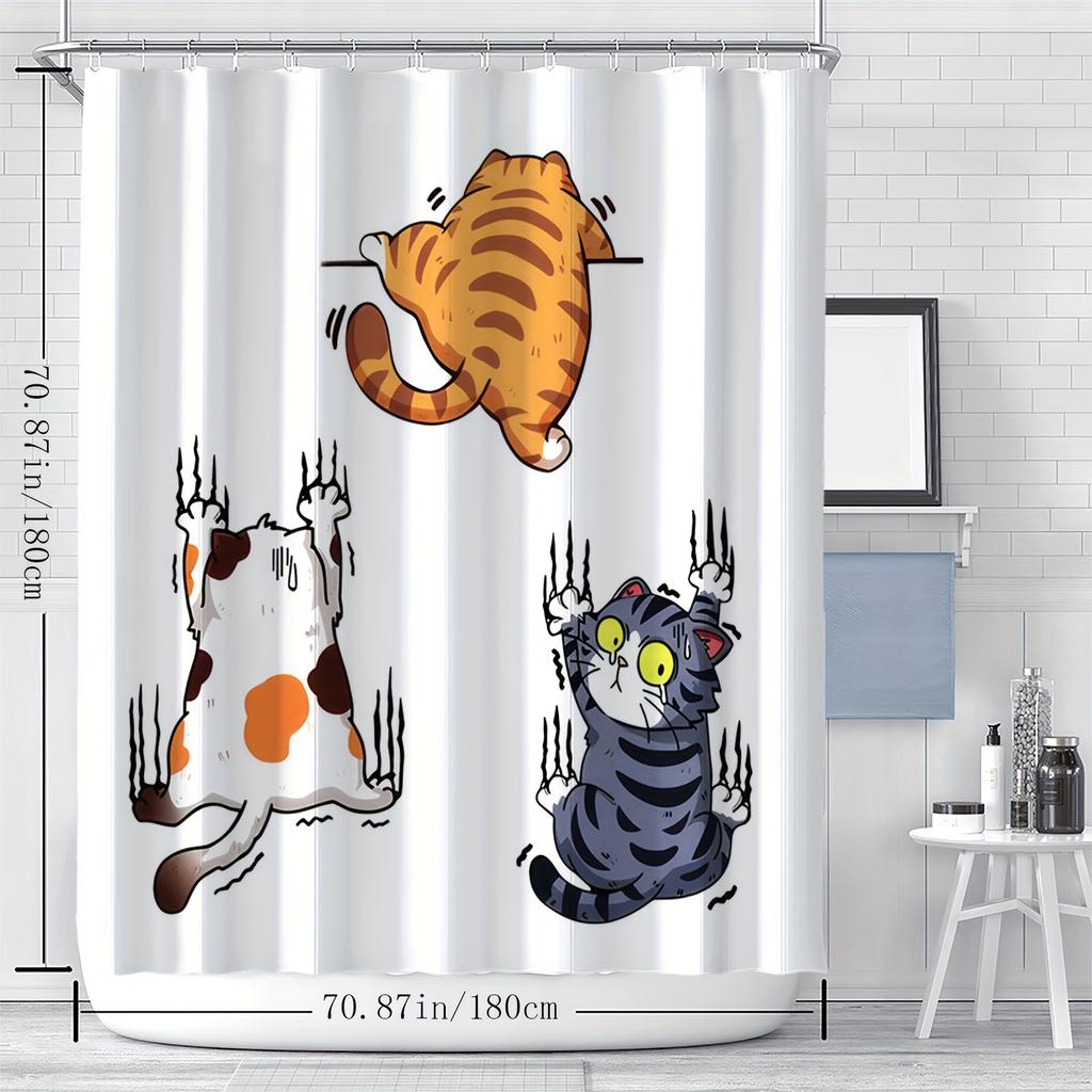 Animated Cartoon Climbing Cat Shower Curtain - Includes Free Hooks, Digital Print, Machine Washable,Bathroom Decor