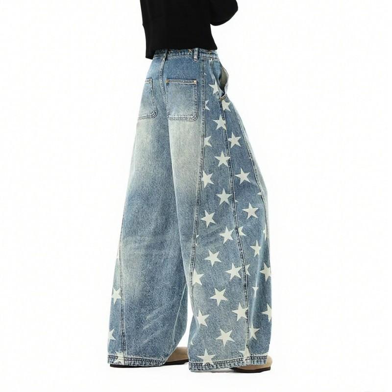 American Fashion Brand Five-star Printed Machete Jeans Women's Trend Oversize Loose Wide-leg Denim Pants