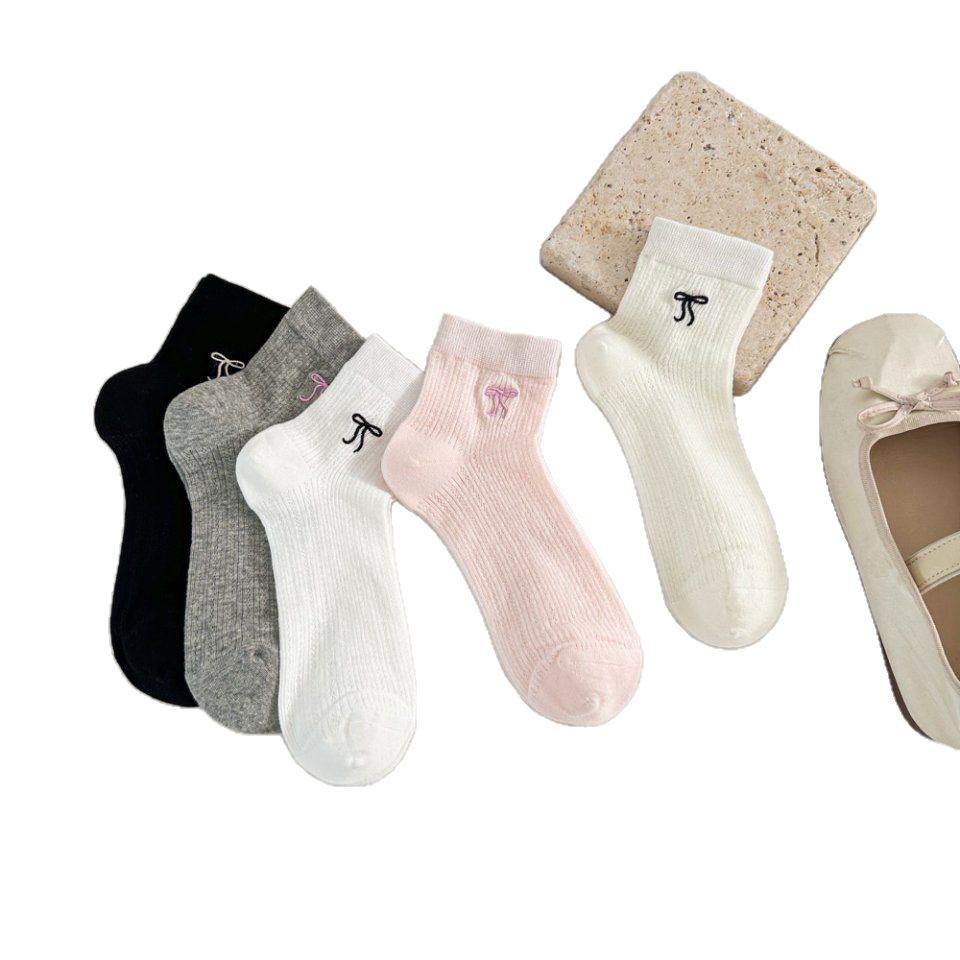 Ballet-style Bow Women's Socks, Summer Thin Mesh Breathable Mid-calf Socks, White Socks, Solid Color Boneless Socks
