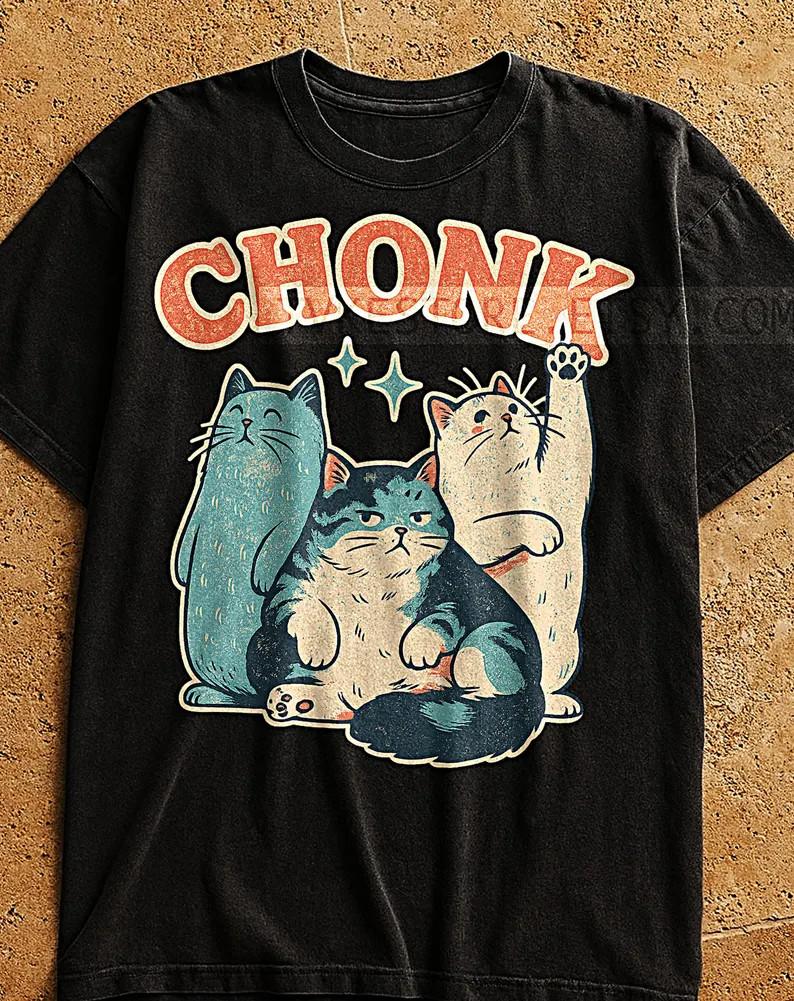 Chonk Cats Retro Cartoon T-Shirt, Hand Drawn Feline Shirt