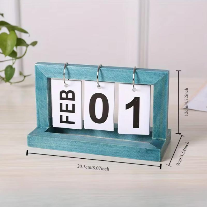 Wooden Perpetual Calendar for Desk, Desktop Standing Daily Flip Calendar with Large Display, Reusable Yearly Farmhouse небесно-голубой