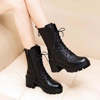 Autumn Winter Black Leather Fleece-Lined Women'S Half High Boots  New Platform High Heels Lace-Up Ladies Mid Calf Shoes