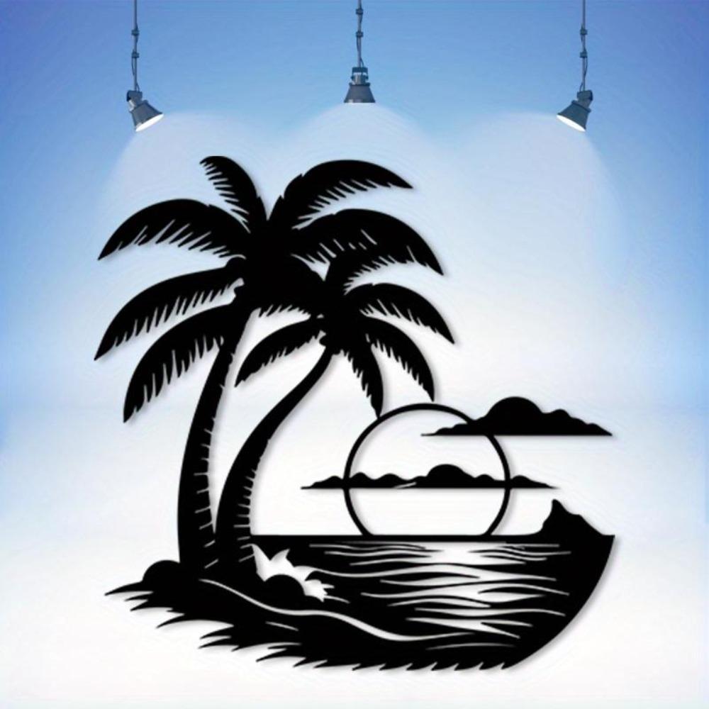 1pc Vintage Iron Palm Tree Sunrise Wall Art, Weather-Resistant Tropical Decor for Patio Lounge Office, Beach Theme Gift