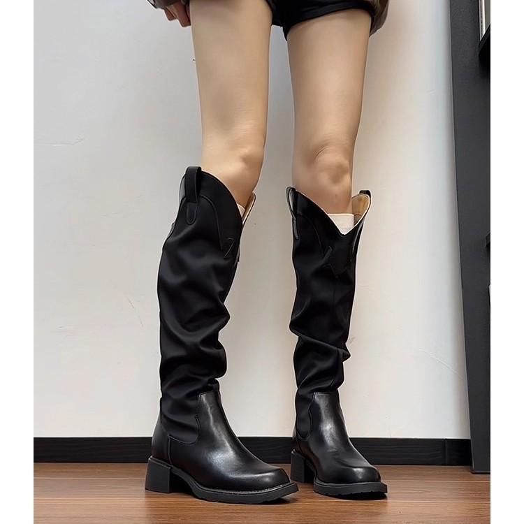 Coarse heel pleated high tube stacking boots women's 2025 new versatile but knee boots women's retro western knight boots