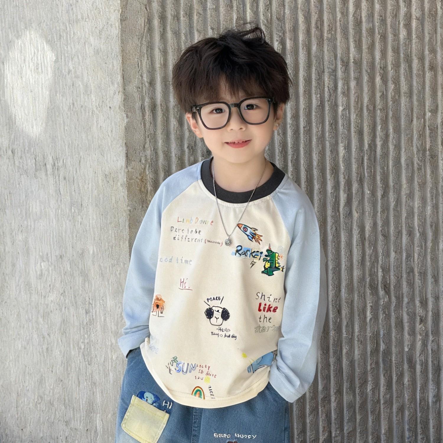 Boys Cartoon Round Neck Long-Sleeve T-shirt - 2026 Spring Arrival Size 90cm