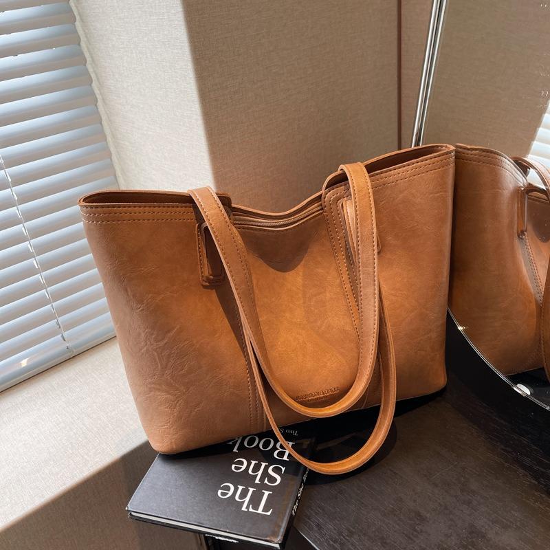 Trendy Soft Faux Leather Large Capacity Tote Bag with Brown Trim Minimalist Design Underarm Bag Spacious Work Shoulder Bag