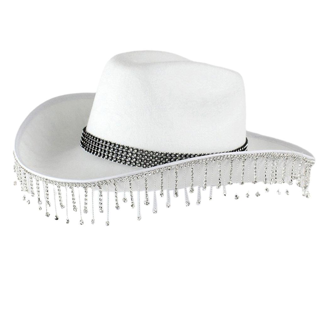 Rhinestone Tassels Cowboy Hat for Women Teens Breathable Wide Brim Beach Hat Music Festival Hat Bachelorette Party Cap