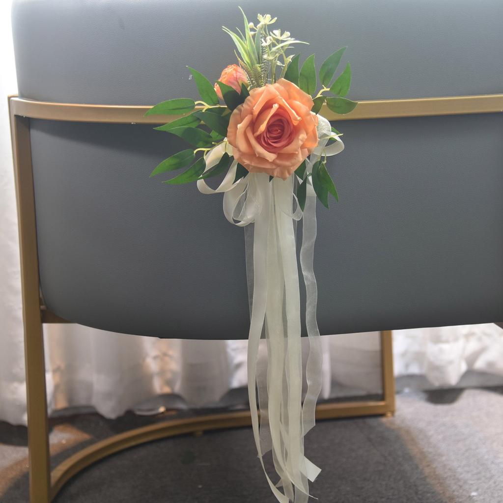 6 Stück elegante weiße künstliche Blumenstuhldekorationen, Bänke, Kirchenbänke, Blumen mit Bändern für Hochzeitsgang, Party-Versorgung