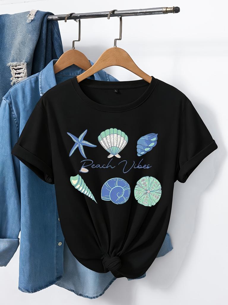 Marine starfish shell Casual WomenS Short Sleeve TShirt  Spring and Summer Crew Neck Geometric Pattern