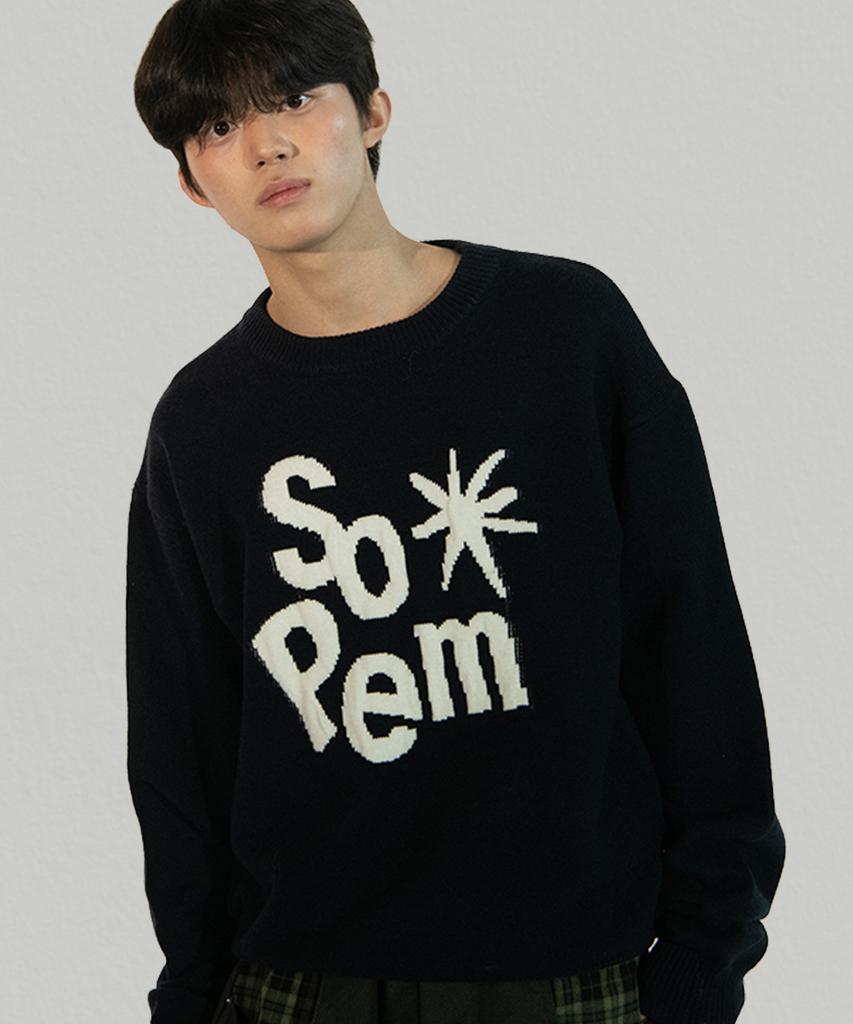 SOMEPLACE MAN Lettering Logo Contrast Round Neck Long Sleeve Oversized Knit Sweatshirt [Navy]